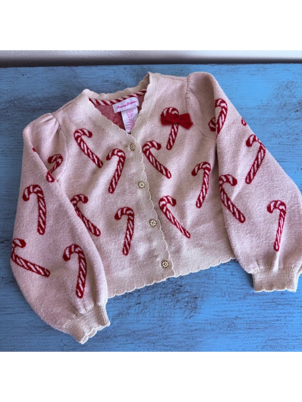 Tommy Bahama Girls’ Candy Cane Cardigan Sweater Beige & Red Sz 4